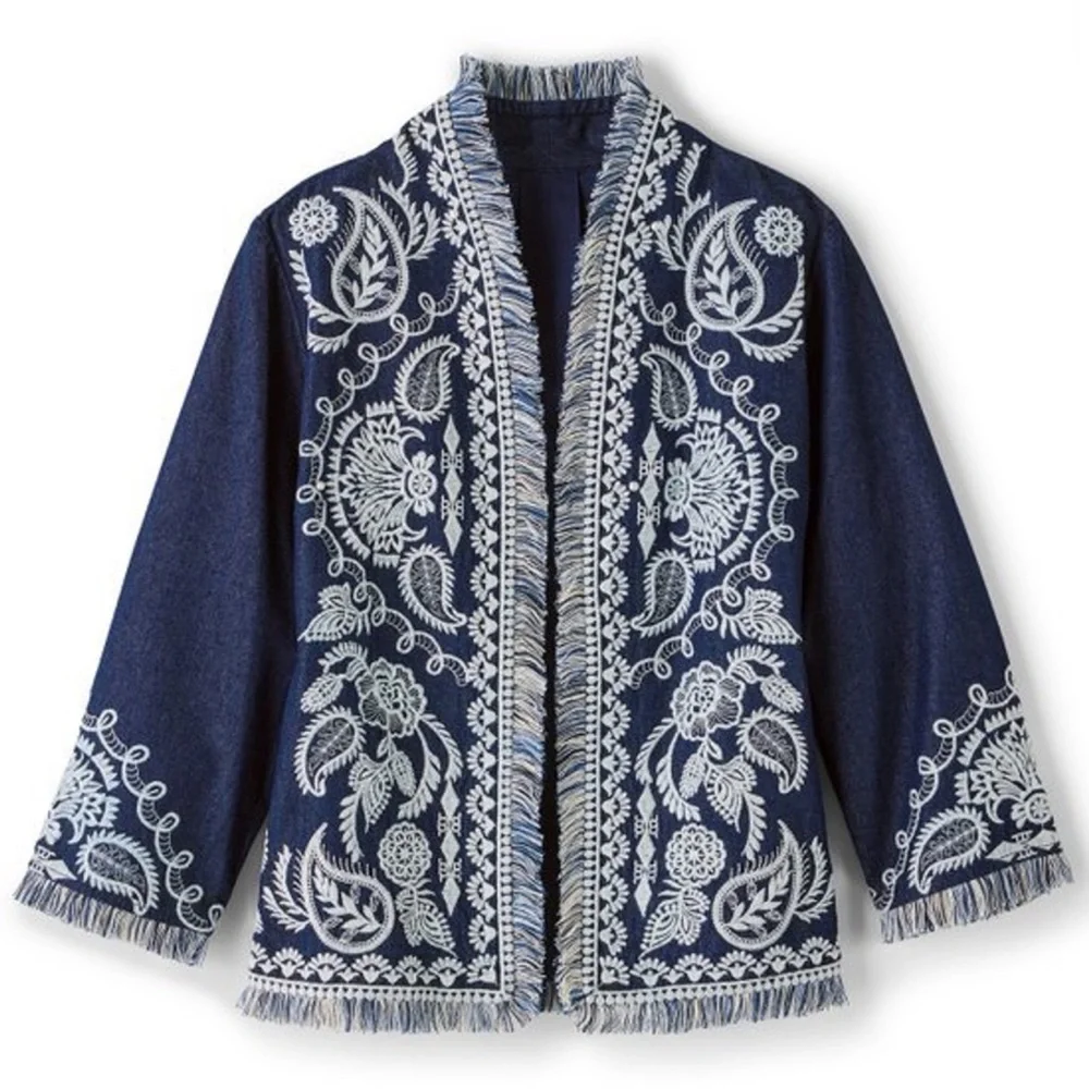 Soft Surroundings Mesaria Jacket Embroidered‎ Dark Denim Open Front Large 2GN81